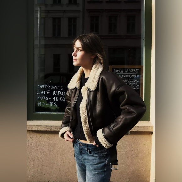 ZARA Cropped Shearling Jacket with Belt - Picture 12 of 12